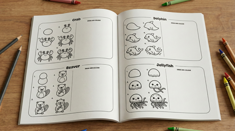 Inside the Learn to Draw British Animals book showing step-by-step drawing instructions