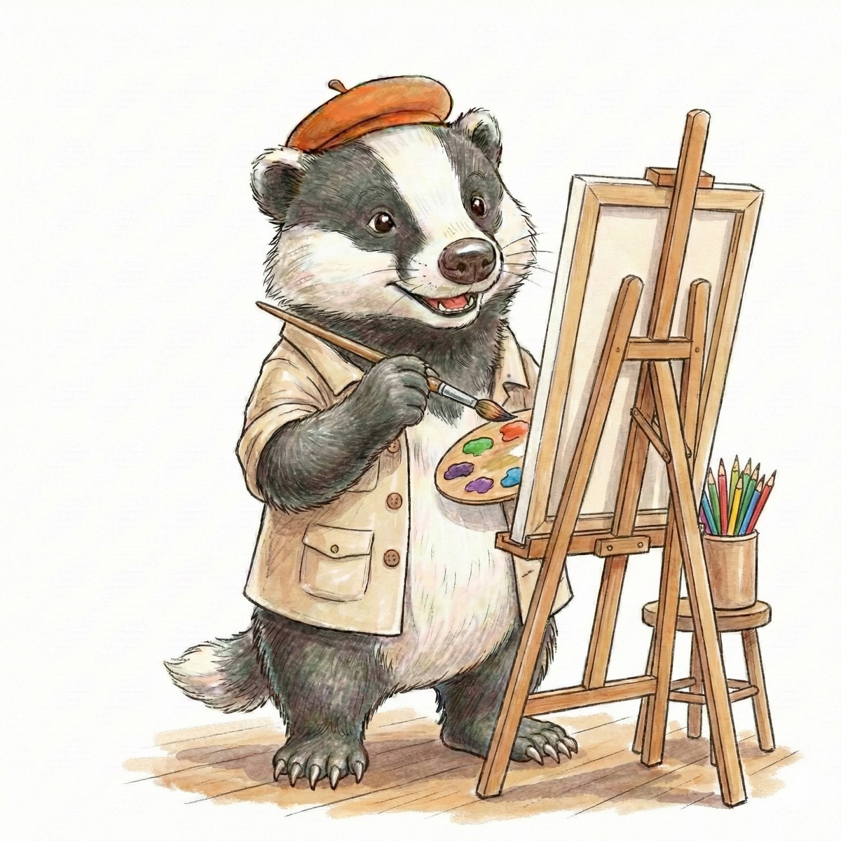 Badger drawing at easel illustration